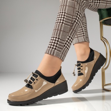 Pantofi casual dama cu siret elastic si platforma bej luciosi MOD12985, 2, modlet.ro