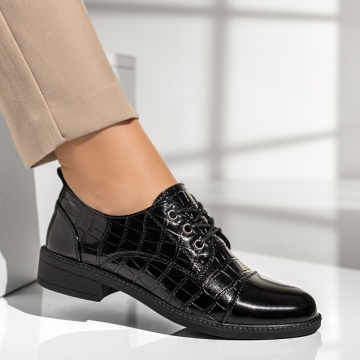 Pantofi casual dama cu siret si aspect lucios negri MOD10982, 4, modlet.ro