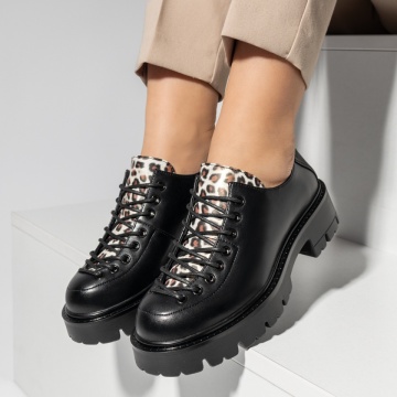 Pantofi dama, Pantofi casual dama cu siret si imprimeu negri MOD14195, modlet.ro