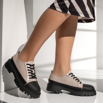 Pantofi casual dama cu siret si talpa groasa bej cu negru MOD13371, 4, modlet.ro