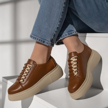 Pantofi casual dama cu siret si talpa groasa maro din Piele naturala MOD11127