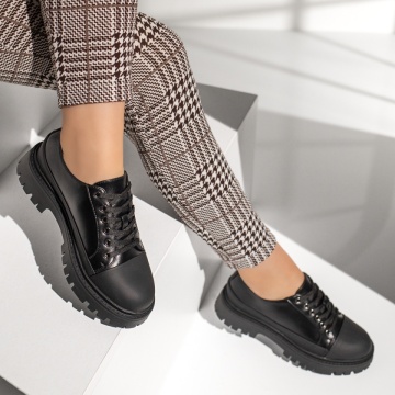 Pantofi casual dama cu siret si talpa groasa negri MOD13371, 3, modlet.ro