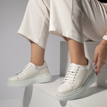 Pantofi casual dama cu talpa groasa albi din Piele naturala MOD08254