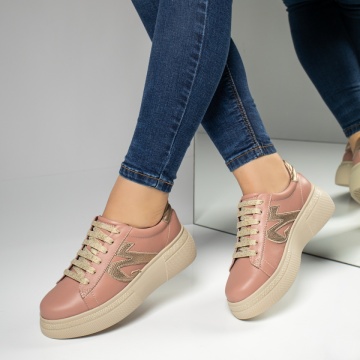 Pantofi casual dama cu talpa groasa bej cu auriu din Piele naturala MOD08731, 1, modlet.ro
