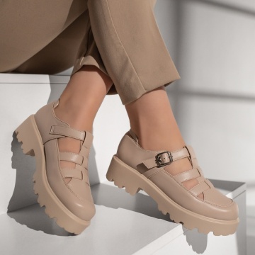 Pantofi casual dama cu talpa groasa si bareta bej MOD13092, 3, modlet.ro