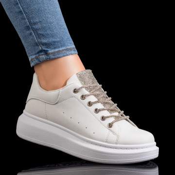 Oferta zilei, Pantofi casual dama cu talpa groasa si strasuri albi MOD09253, modlet.ro