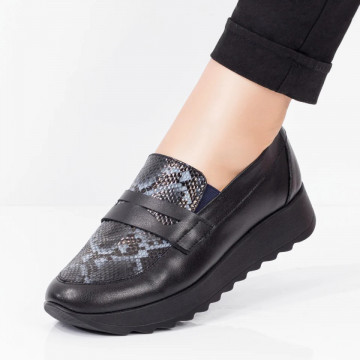 Pantofi casual Piele dama negri cu imprimeu sarpe albastru MOD03625, 3, modlet.ro