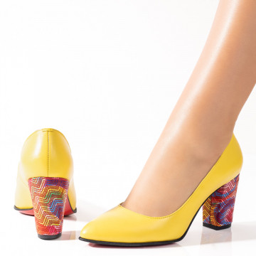 Pantofi cu toc dama galbeni cu print din Piele naturala MOD07630, 2, modlet.ro