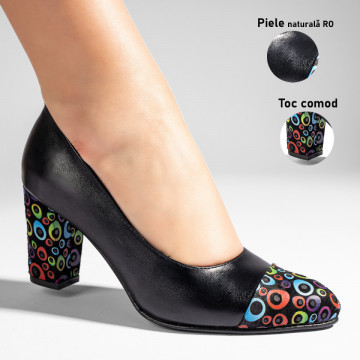 Pantofi cu toc dama negri cu imprimeu din Piele naturala MOD11002, 3, modlet.ro