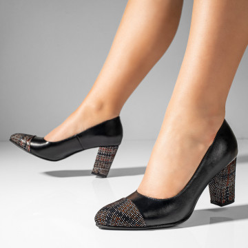 Pantofi cu toc dama negri cu print din Piele naturala MOD11002, 4, modlet.ro