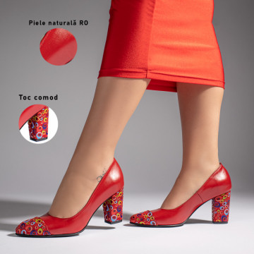 Pantofi cu toc dama rosii cu imprimeu din Piele naturala MOD11002, 3, modlet.ro