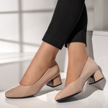 Pantofi cu toc gros dama bej cu aspect lucios MOD12115, 2, modlet.ro
