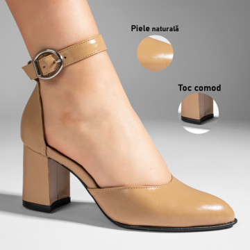 Pantofi cu toc gros dama bej din Piele naturala MOD11062, 3, modlet.ro