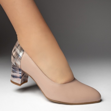 Pantofi cu toc gros dama si imprimeu bej din Piele naturala ZEF13474, 4, zeforia.ro