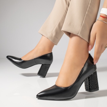 Pantofi cu toc gros dama si print negri din Piele naturala MOD12047, 2, modlet.ro