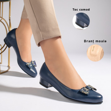 Pantofi cu toc mic albastri inchis dama din Piele naturala MOD11254, 3, modlet.ro