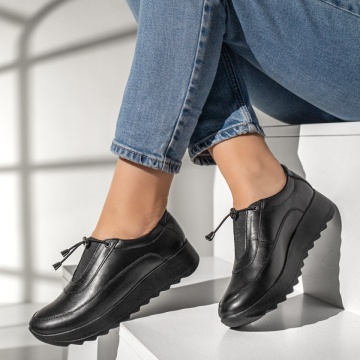 Pantofi dama casual cu siret elastic negri din Piele naturala MOD00300, 2, modlet.ro