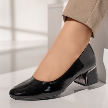 Pantofi dama cu toc gros negri cu aspect lucios MOD12115, 2, modlet.ro