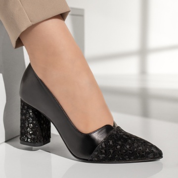 Pantofi dama cu toc gros negri cu imprimeu din Piele naturala MOD13133, 4, modlet.ro