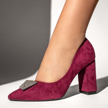 Pantofi dama cu toc gros si accesoriu decorativ mov suede MOD12764, 3, modlet.ro