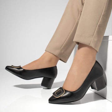 Pantofi dama cu toc gros si accesoriu decorativ negri MOD13004, 2, modlet.ro