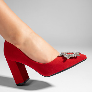 Pantofi dama cu toc gros si accesoriu metalic rosii suede MOD10984, 1, modlet.ro