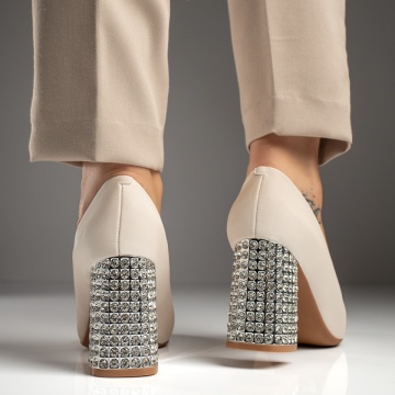 Pantofi dama cu toc gros si aplicatii cu pietre bej MOD12031, 2, modlet.ro