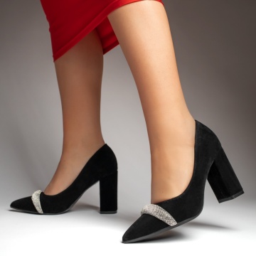 Pantofi dama cu toc gros si aplicatii cu pietre negri MOD12763, 3, modlet.ro