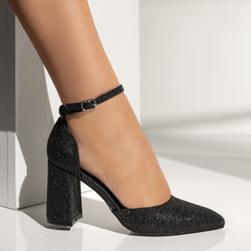Pantofi dama cu toc gros si bareta negri glitter MOD13922, 4, modlet.ro