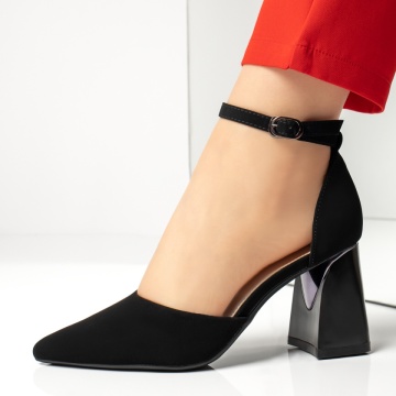 Pantofi cu toc gros dama, Pantofi dama cu toc gros si bareta negru suede IRIS32, modlet.ro