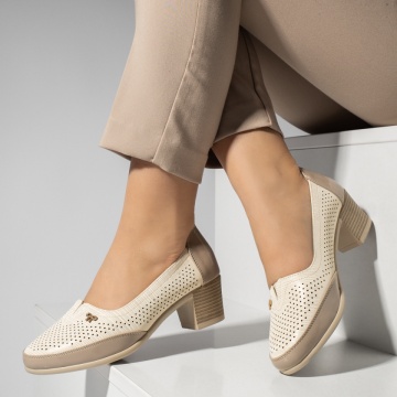 Pantofi dama cu toc gros si perforatii bej MOD14225, 2, modlet.ro