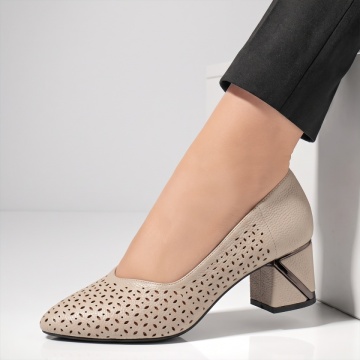 Pantofi dama cu toc gros si perforatii gri deschis INA24