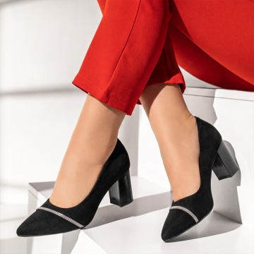 Pantofi cu toc gros dama, Pantofi dama cu toc gros si strasuri negru suede IRIS36, modlet.ro