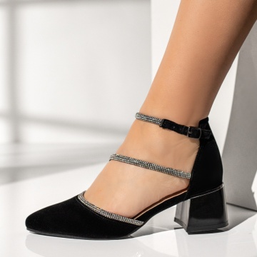 Pantofi cu toc gros dama, Pantofi dama cu toc gros si strasuri negru suede LIA41, modlet.ro