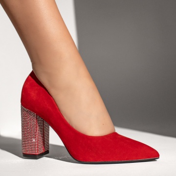 Pantofi dama cu toc gros si strasuri rosu suede LIA36, 3, modlet.ro