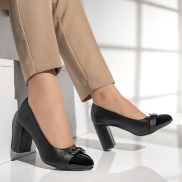 Pantofi dama cu toc gros si varf lucios negri MOD13003, 4, modlet.ro