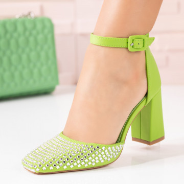 Pantofi dama cu toc gros verzi si strasuri aplicate MOD08817, 3, modlet.ro