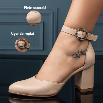 Pantofi dama cu toc si bareta bej deschis din Piele naturala MOD11062, 3, modlet.ro