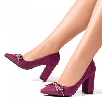 Pantofi dama cu toc si fundita mov suede MOD06131, 3, modlet.ro