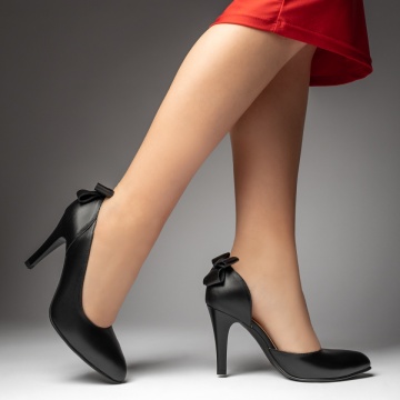 Pantofi dama cu toc si fundita negri din Piele naturala MOD13485, 4, modlet.ro