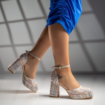 Pantofi dama cu toc si platforma din material textil bej MOD09806, 3, modlet.ro