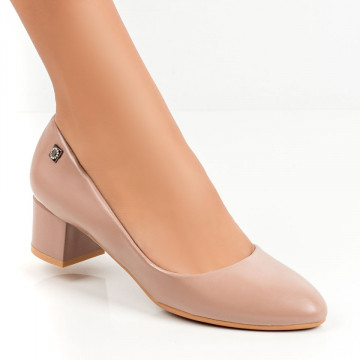 Pantofi roz dama cu toc gros si accesoriu negru aplicat MDL06554