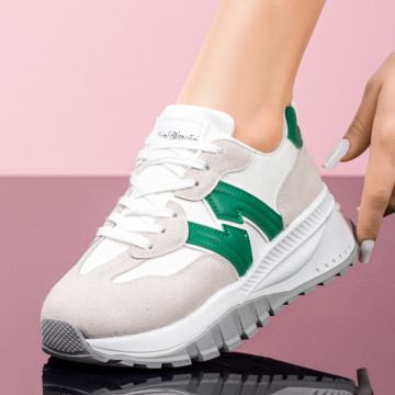 Pantofi sport cu talpa groasa dama alb cu gri si verde MOD07837, 4, modlet.ro