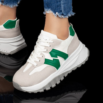 Pantofi sport cu talpa groasa dama alb cu gri si verde MOD07837, 2, modlet.ro