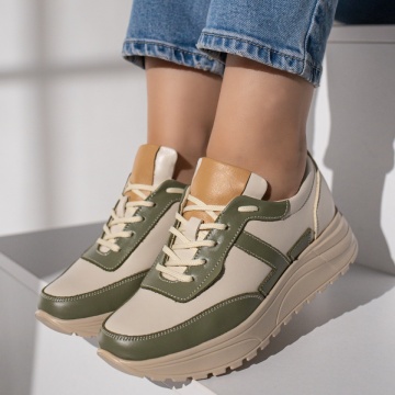 Pantofi sport dama cu siret bej cu verde din Piele naturala MOD12092, 4, modlet.ro