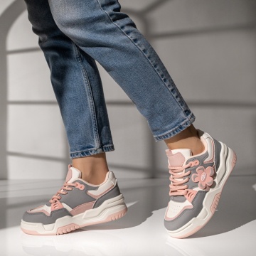 Pantofi sport dama cu siret si talpa groasa albi cu roz MOD11760, 4, modlet.ro