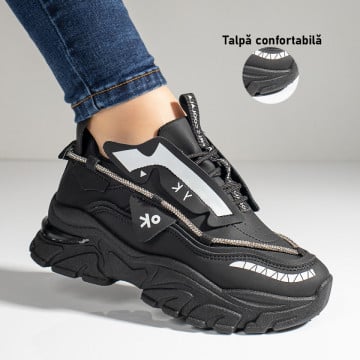 Pantofi sport dama cu siret si talpa groasa negri ZEF11059, 3, zeforia.ro