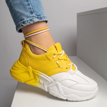Adidasi dama, Pantofi sport dama cu talpa groasa albi cu galben MOD09707, modlet.ro