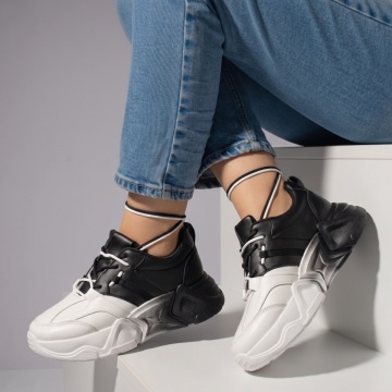 Adidasi dama, Pantofi sport dama cu talpa groasa albi cu negru MOD09707, modlet.ro