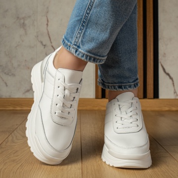Pantofi sport dama cu talpa groasa albi din Piele naturala MOD12975, 4, modlet.ro